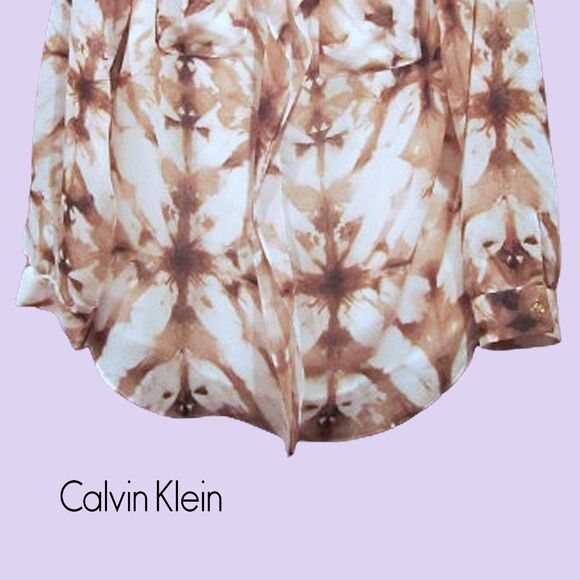 Calvin Klein NEW Abstract Chiffon Semi-Sheer Ruffle Roll-Up Sleeve Blouse L - Picture 6 of 11